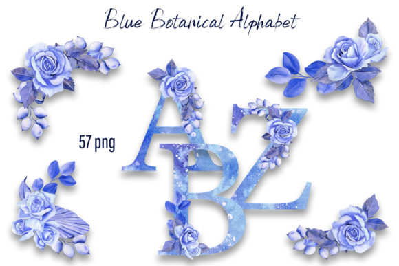 Blue Floral Rose Botanical Alphabet Illustrations