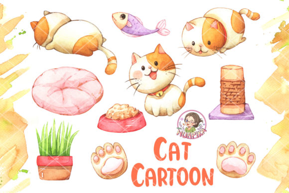 Cute Cat and Accessories Cartoon Illustrations