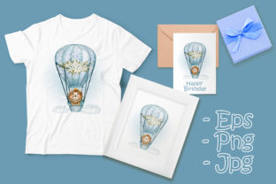 Cute Lion King Flying with Air Balloon Illustrations