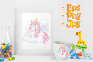 Cute Unicorns Sitting on the Clouds Illustrations