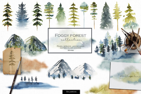 Foggy Forest. Trees Landscapes. Illustrations