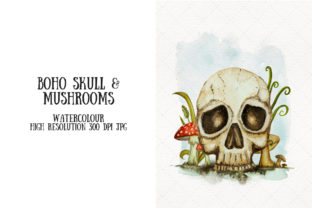 Human Skull with Mushrooms Boho