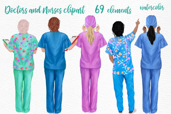 Nurses Clipart, Women in Scrubs Illustrations