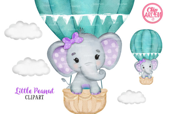 Purple Teal Girl Elephant Balloon Illustrations