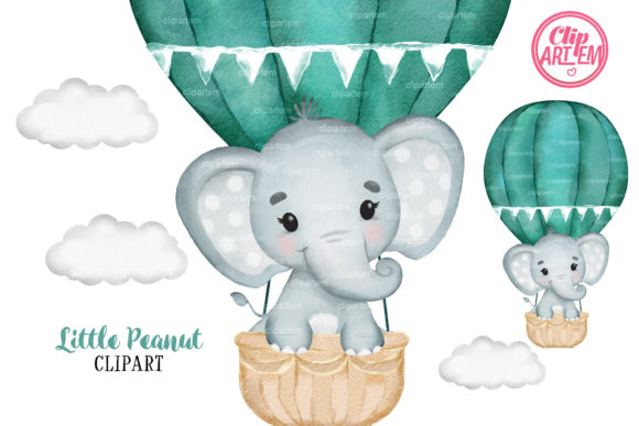 Turquoise Elephant Boy Hot Air Balloon Illustrations