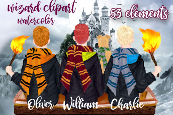 Wizard Boys Clipart, Castel Landscape Illustrations
